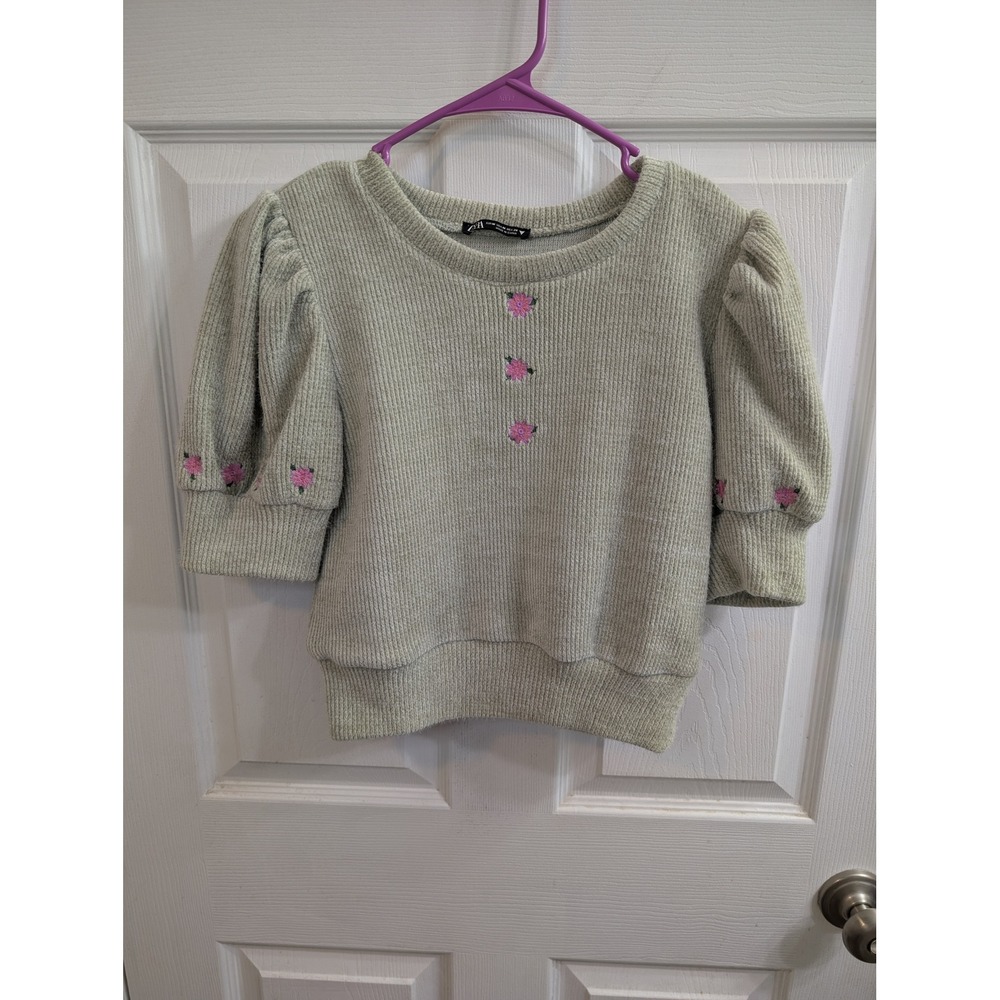 Zara Knit Top Women Sage Green Embroidered Puff Sleeve Floral Ribbed - Size M